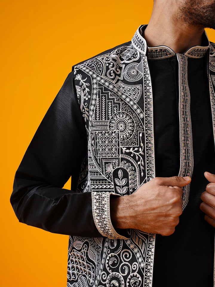 SOJANYA LUXE Kurta Lurus Kolar Mandarin Sulam Bunga Dengan Seluar Dan Jaket