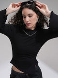 Tokyo Talkies Women Ribbed Mock Neck Bell Sleeve Fitted Top