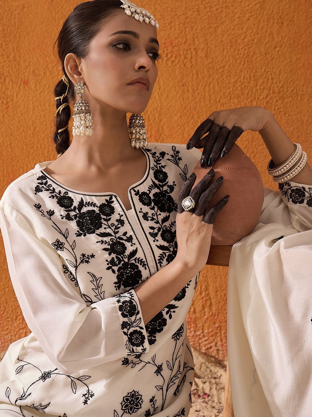 Indo Era Floral Embroidered Thread Work Straight Kurta With Trousers & Dupatta