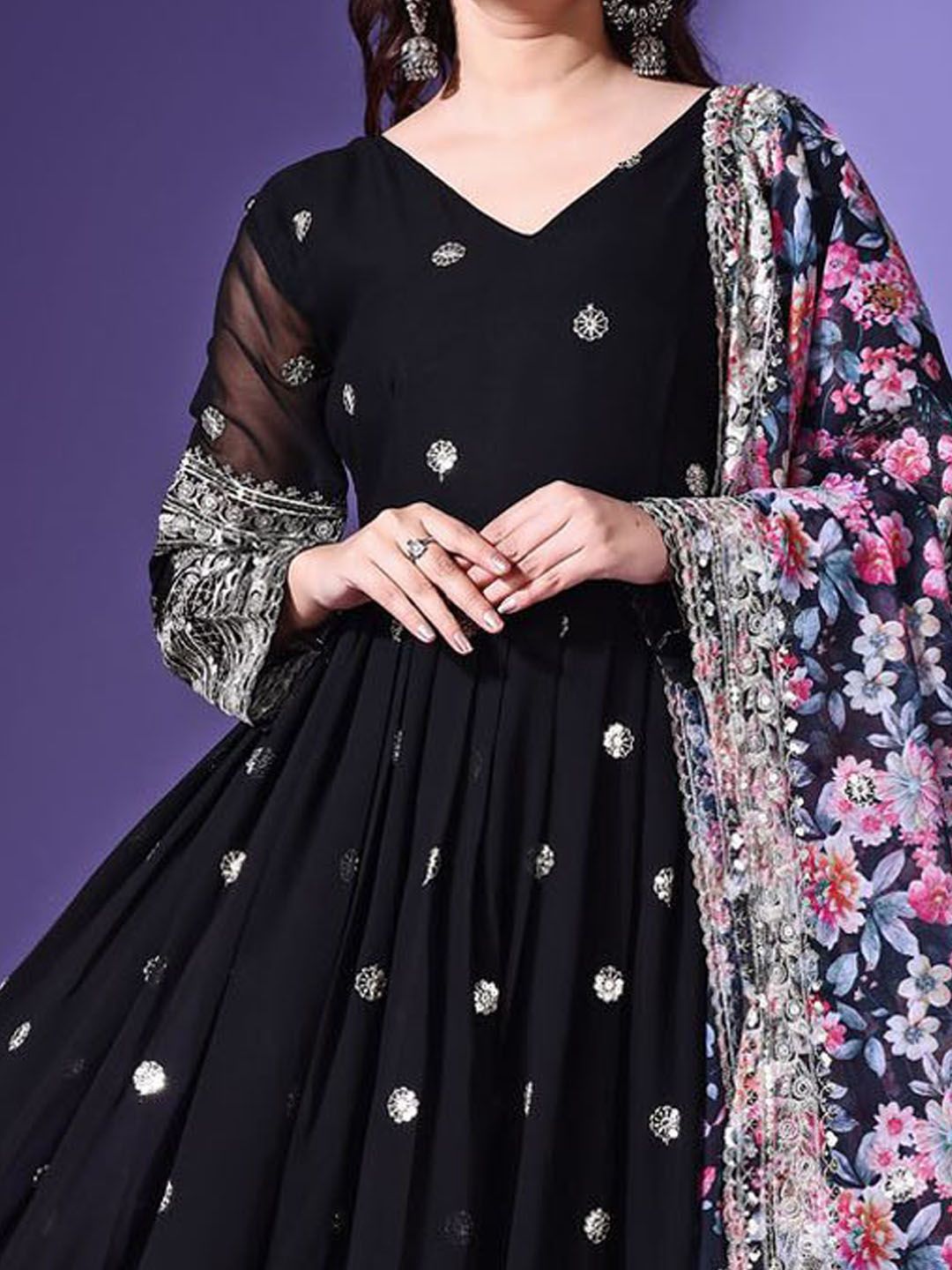KALINI Floral Embroidered Sequinned V Neck Georgette Anarkali Kurta
