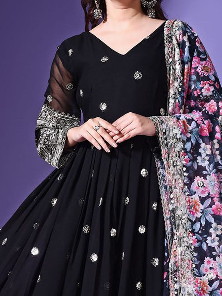 KALINI Floral Embroidered Sequinned V Neck Georgette Anarkali Kurta