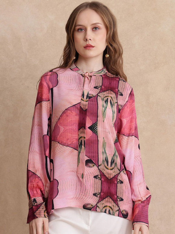 Rareism wanita bulat leher abstrak cetak kapas atas