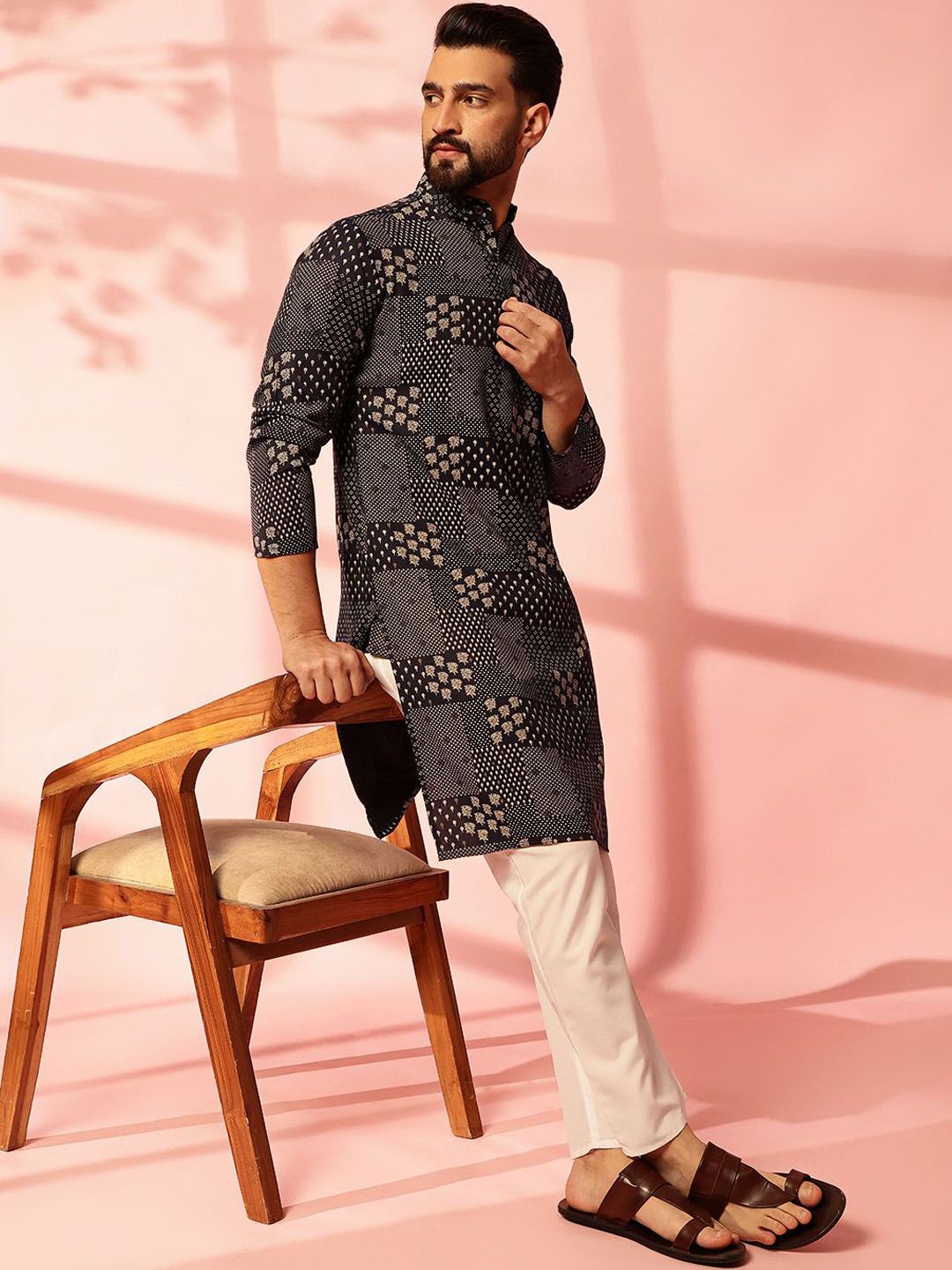 Anouk Floral Printed Band Collar Straight Cotton Linen Kurta