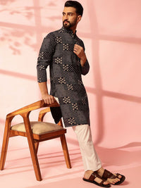 Anouk Floral Printed Band Collar Straight Cotton Linen Kurta