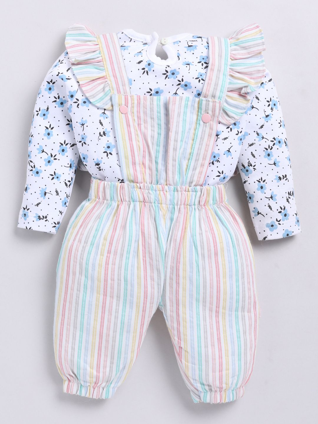 Moms Love Infants Girls Cotton Striped Ruffled Dungarees with T-shirt & Headband