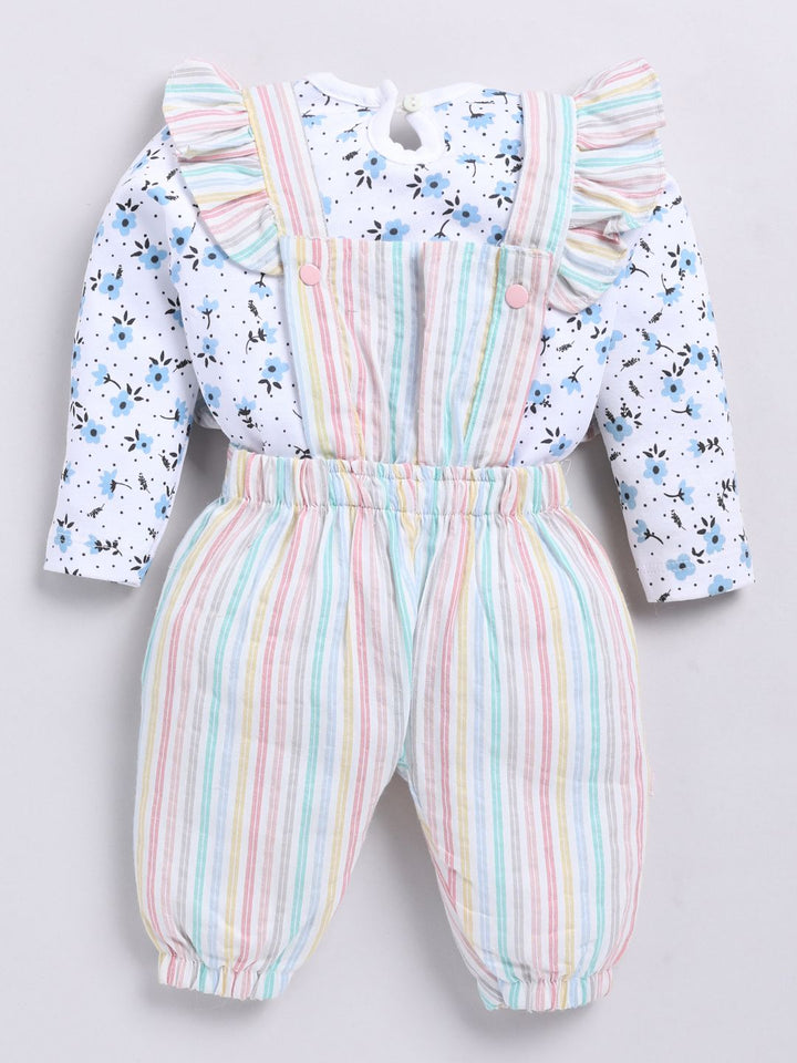 Moms Love Infants Girls Cotton Striped Ruffled Dungarees with T-shirt & Headband