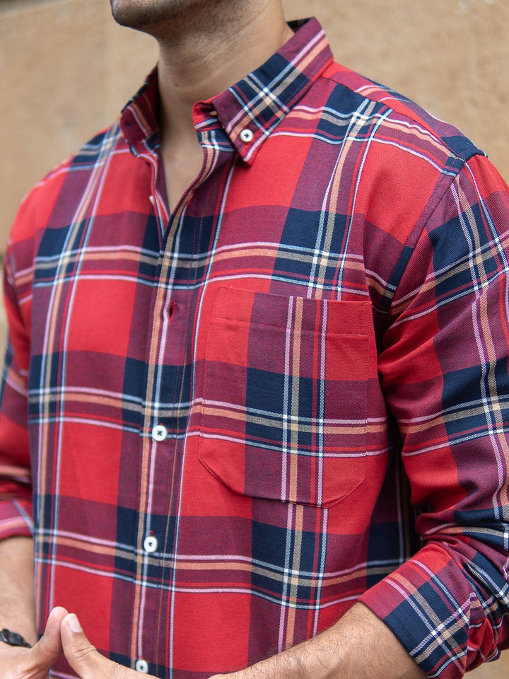 Powerlook Men Tartan Checked Button-Down Collar Pure Cotton Casual Shirt