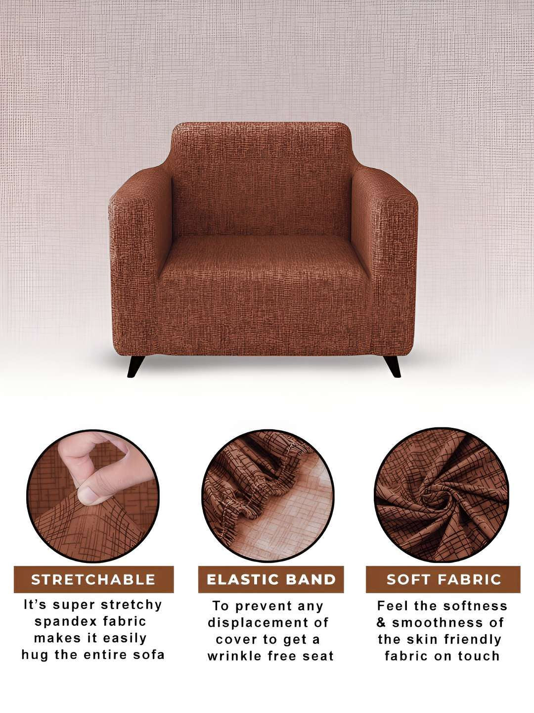 Story@home Brown Printed 1 Seater Stretchable Sofa Cover With Arms