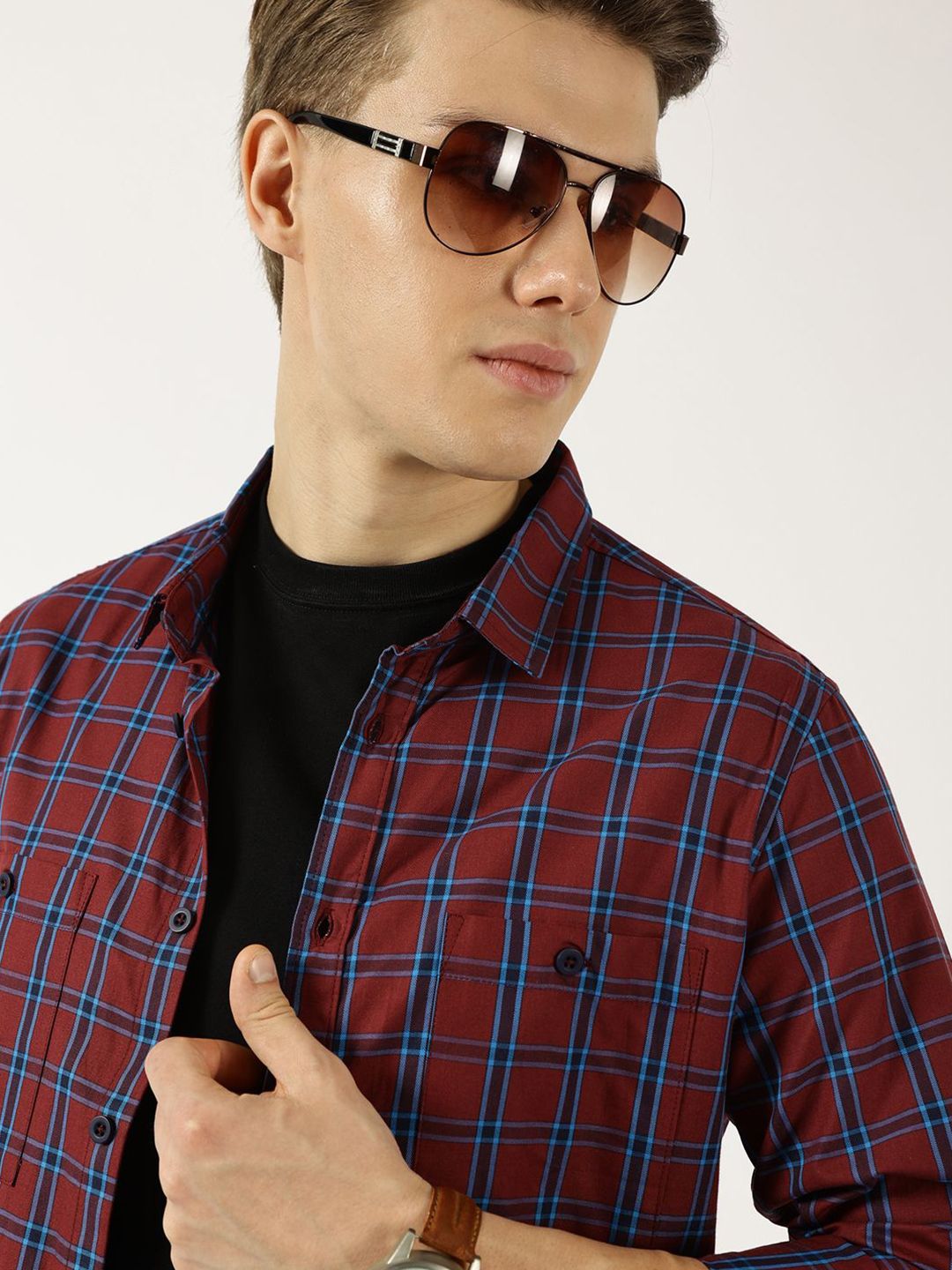 Thomas Scott Men Classic Fit Spread Collar Windowpane Checked Cotton Casual Shirt