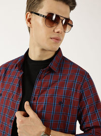 Thomas Scott Men Classic Fit Spread Collar Windowpane Checked Cotton Casual Shirt