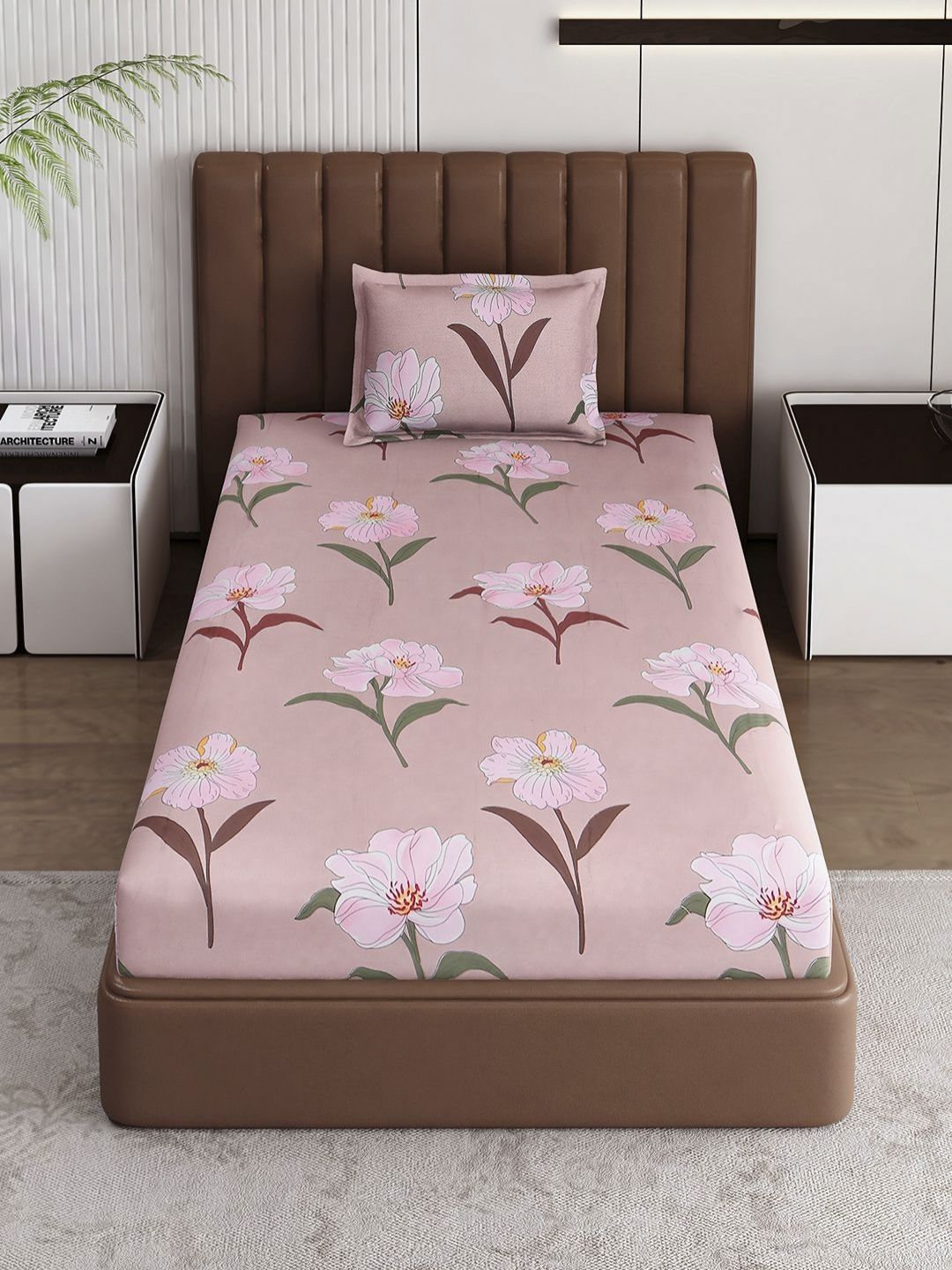 Monte Carlo Pixel Pink & Green Floral Printed 120 TC Single Bedsheet Set 1.52 m x 2.30 m