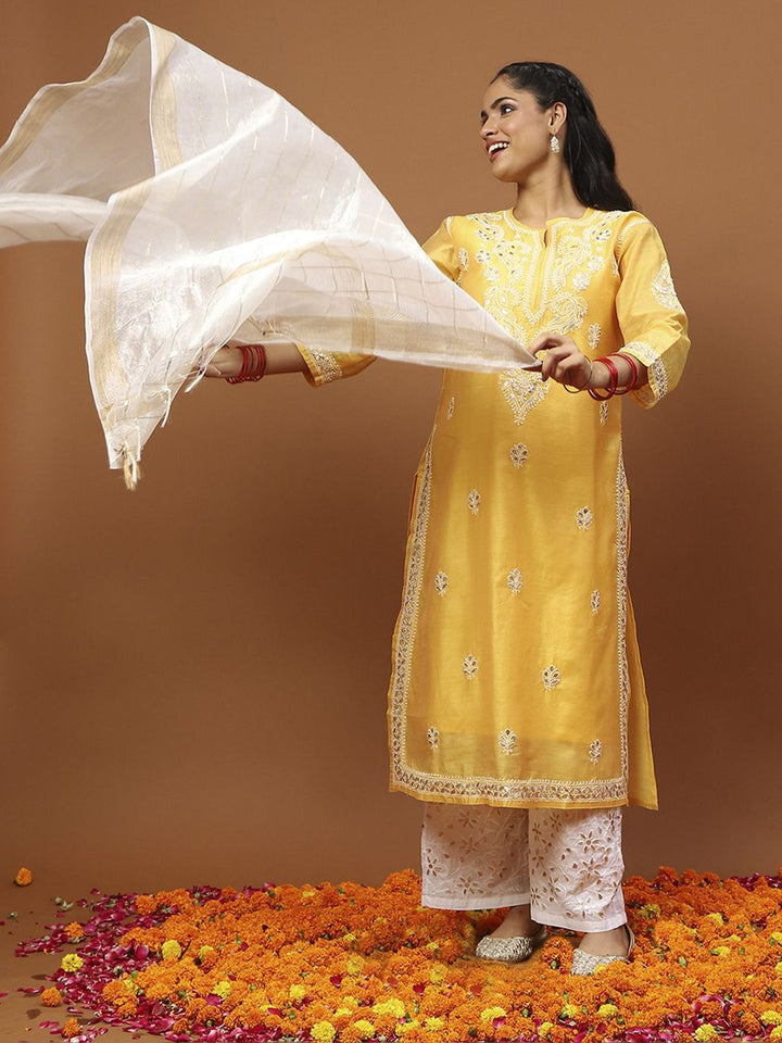 House of Chikankari Women Mustard Yellow Chanderi Chikankari Embroidered Kurta Set