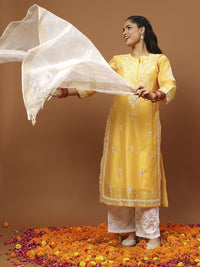 House of Chikankari Women Mustard Yellow Chanderi Chikankari Embroidered Kurta Set