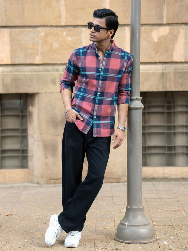 Powerlook Men Tartan Checked Button-Down Collar Cotton Casual Shirt