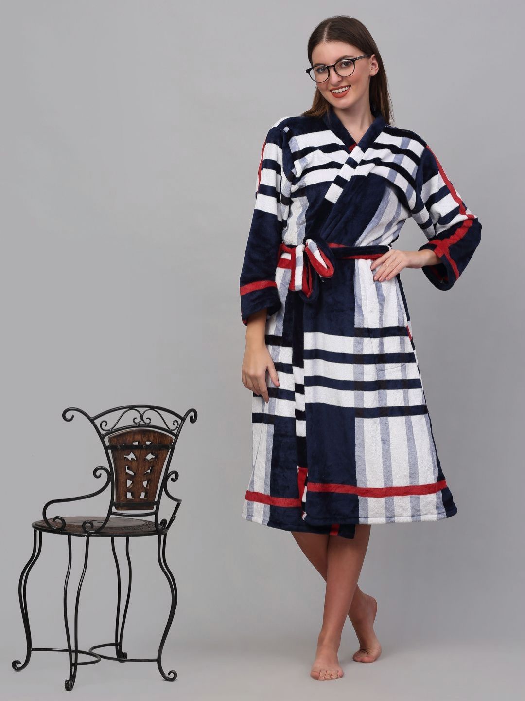 KLOTTHE Navy Blue & White Striped Bath Robe With Belt