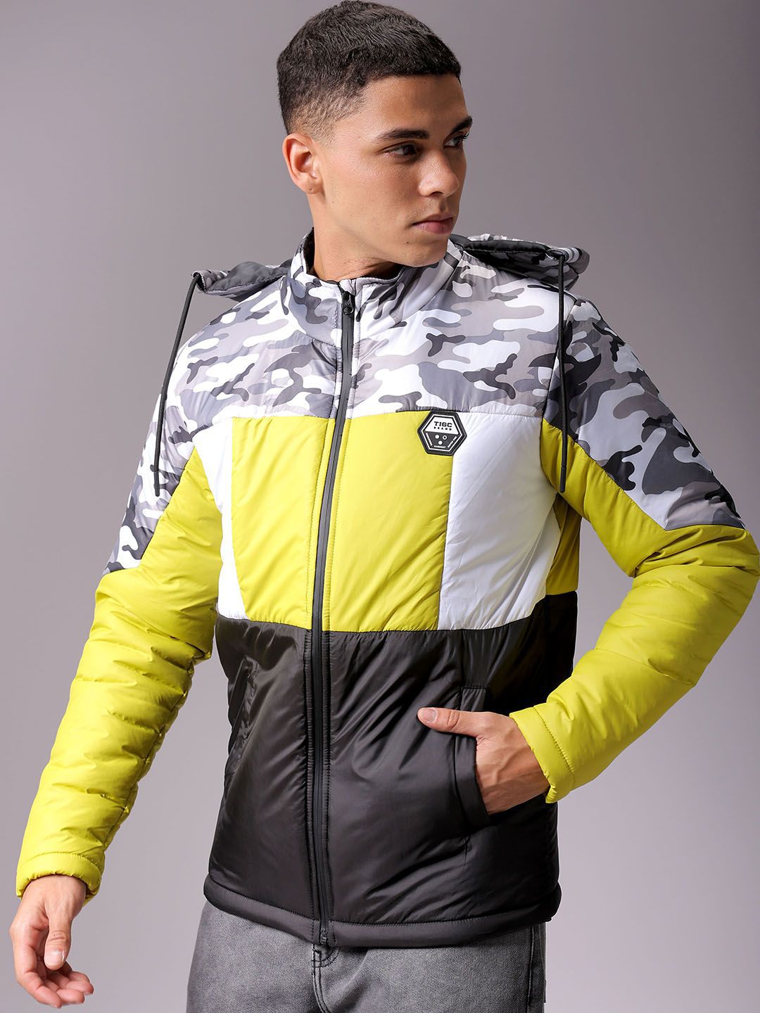 The Indian Garage Co Men Hooded Camouflage Printed Casual Padded Jacket