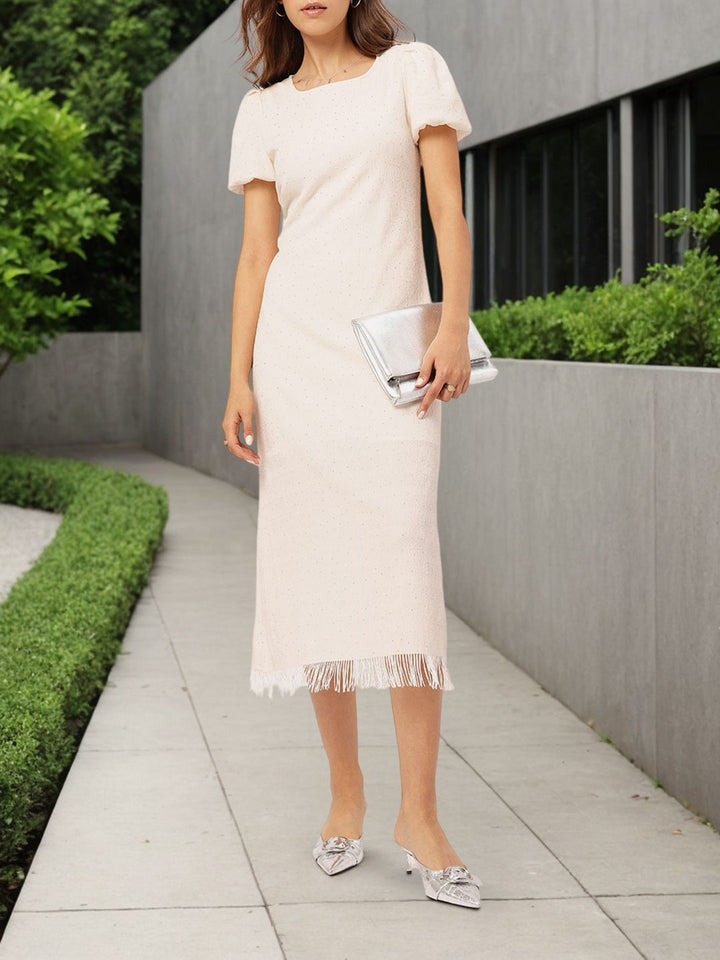 DressBerry Gleam Team Embellished Textured Fringed Hem Midi Sheath Dress