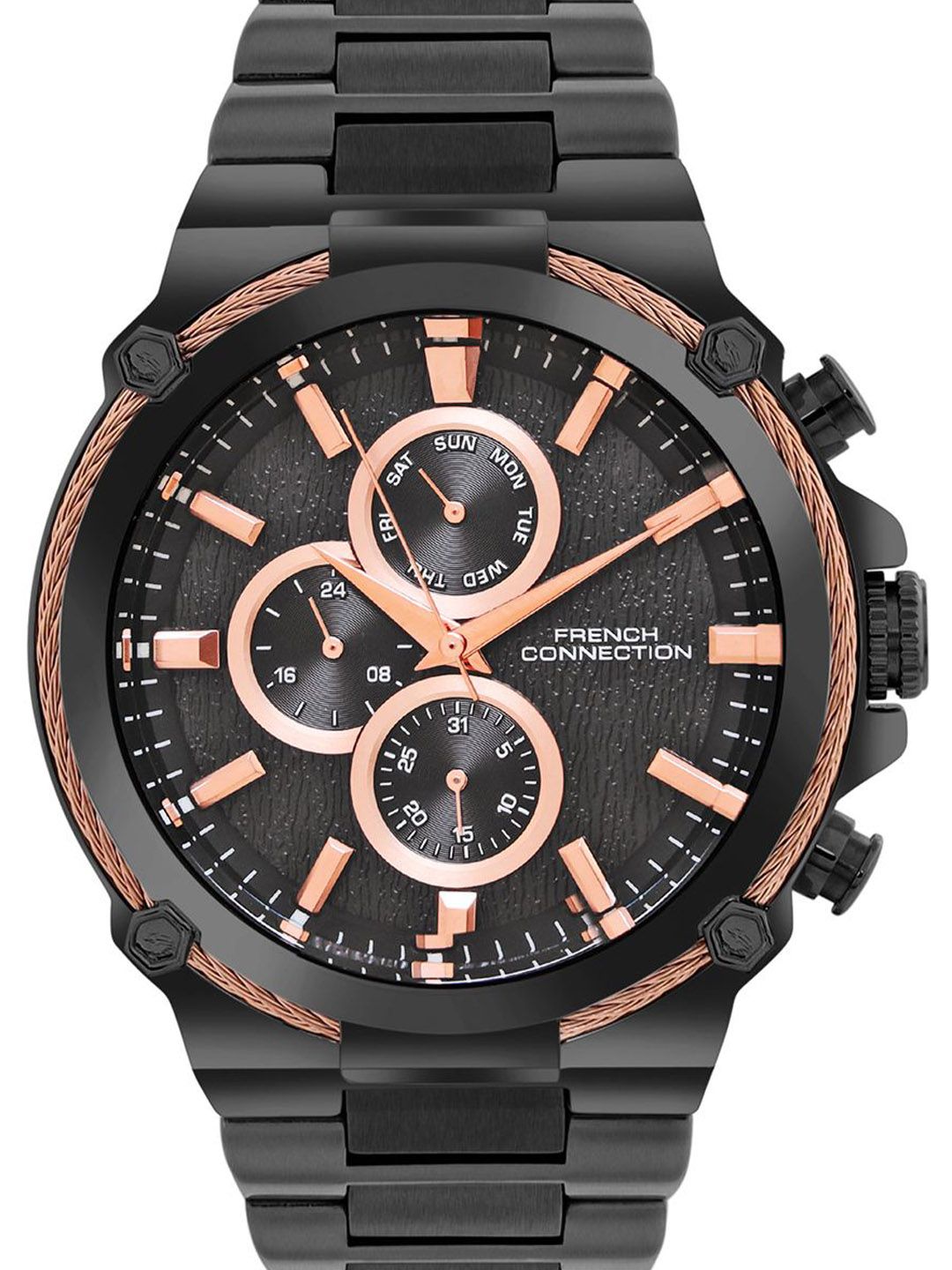 French Connection Men Patterned Dial & Stainless Steel Bracelet Style Straps Analogue Multi Function Watch