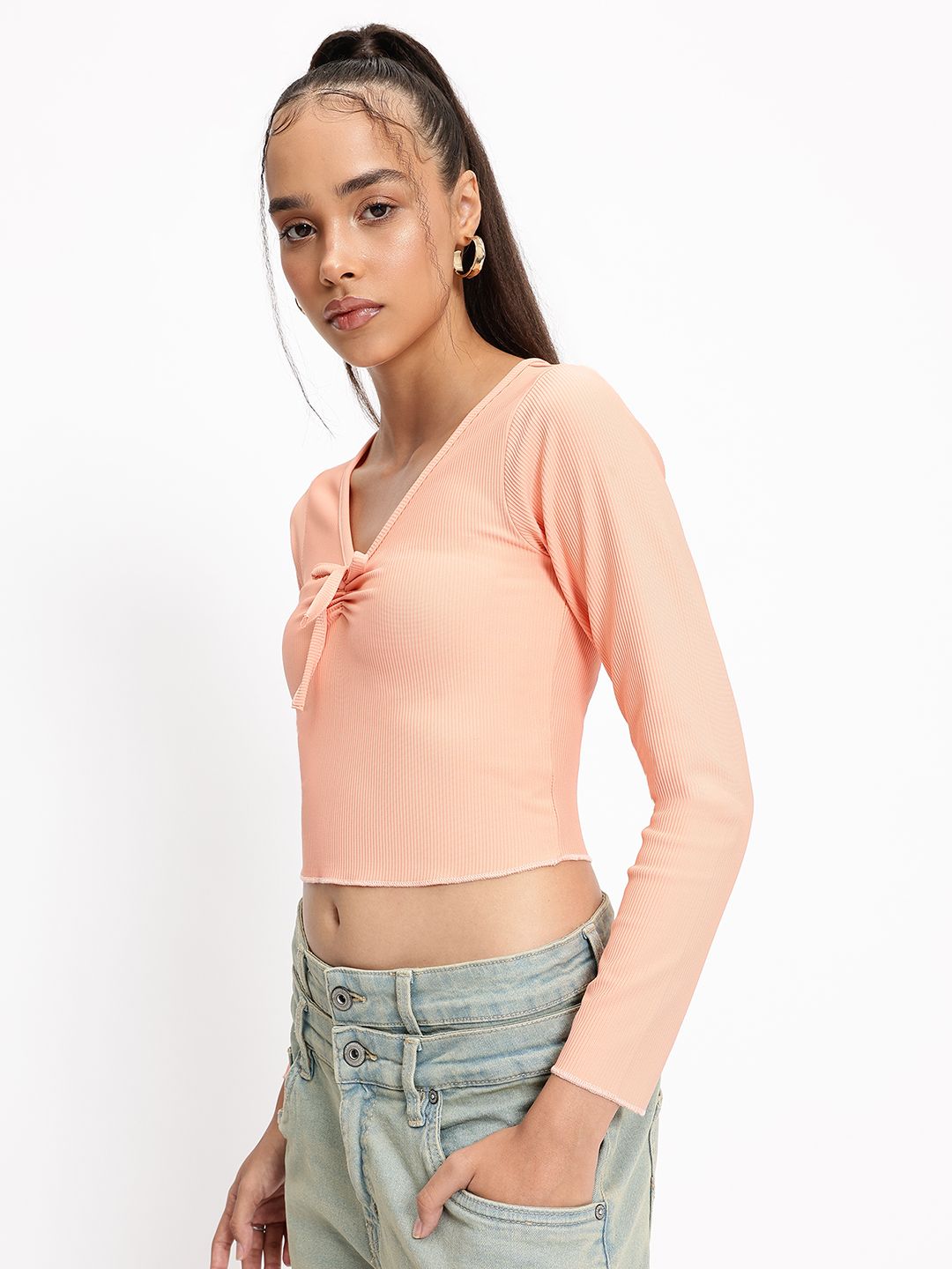DressBerry Peach Fuzz Texture Twist Fitted Top