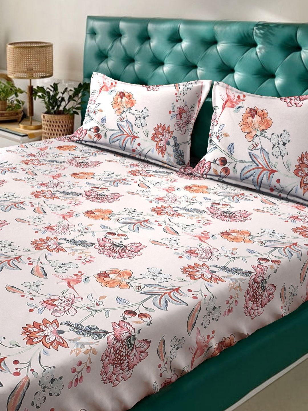 Aura Orange Floral Polycotton 300 TC King Fine Bedsheet with 2 Pillow Covers-98 x 89 inches