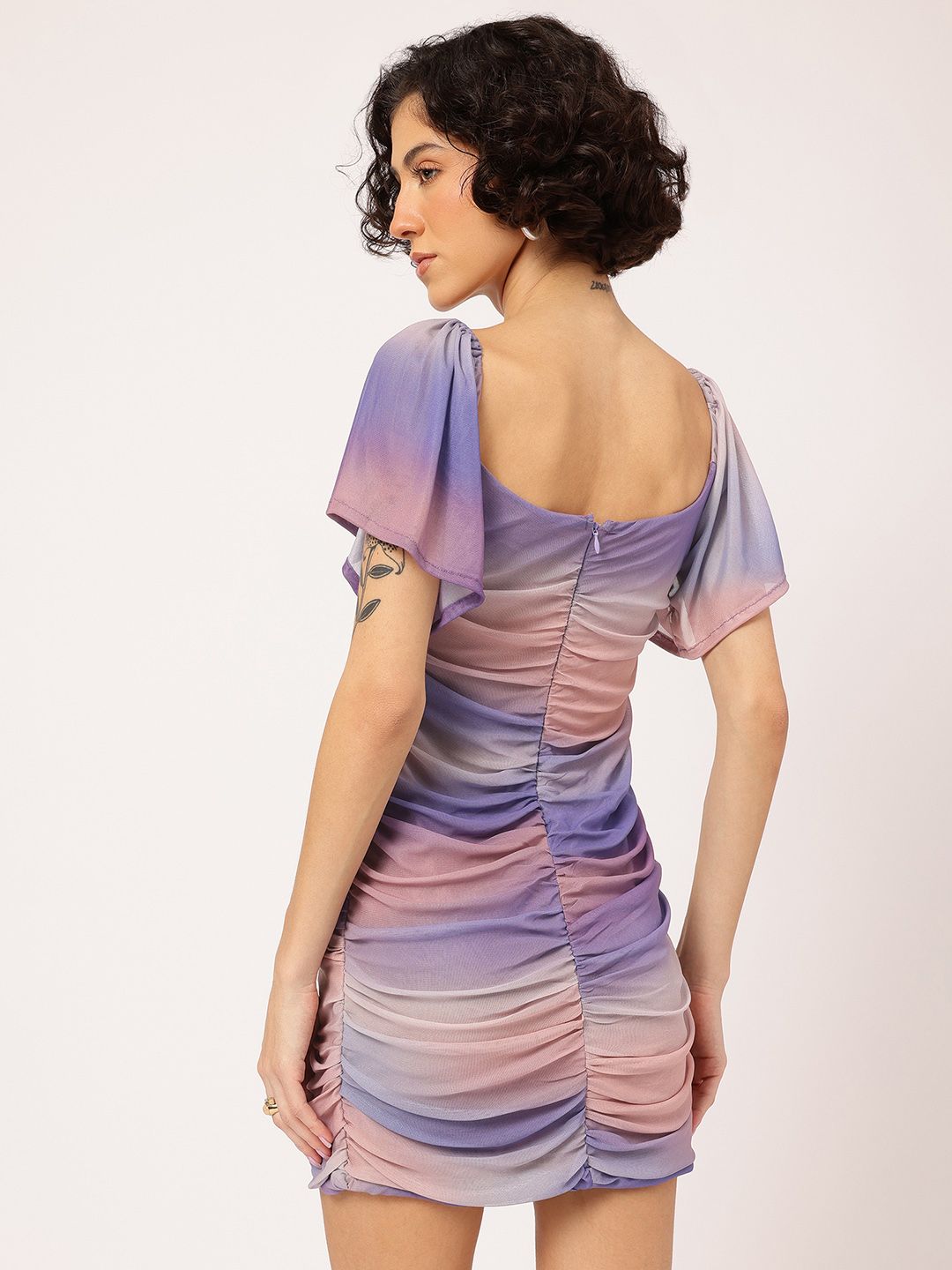 DressBerry Lavender Hues Tie & Dye Ruched Bodycon Mini Dress