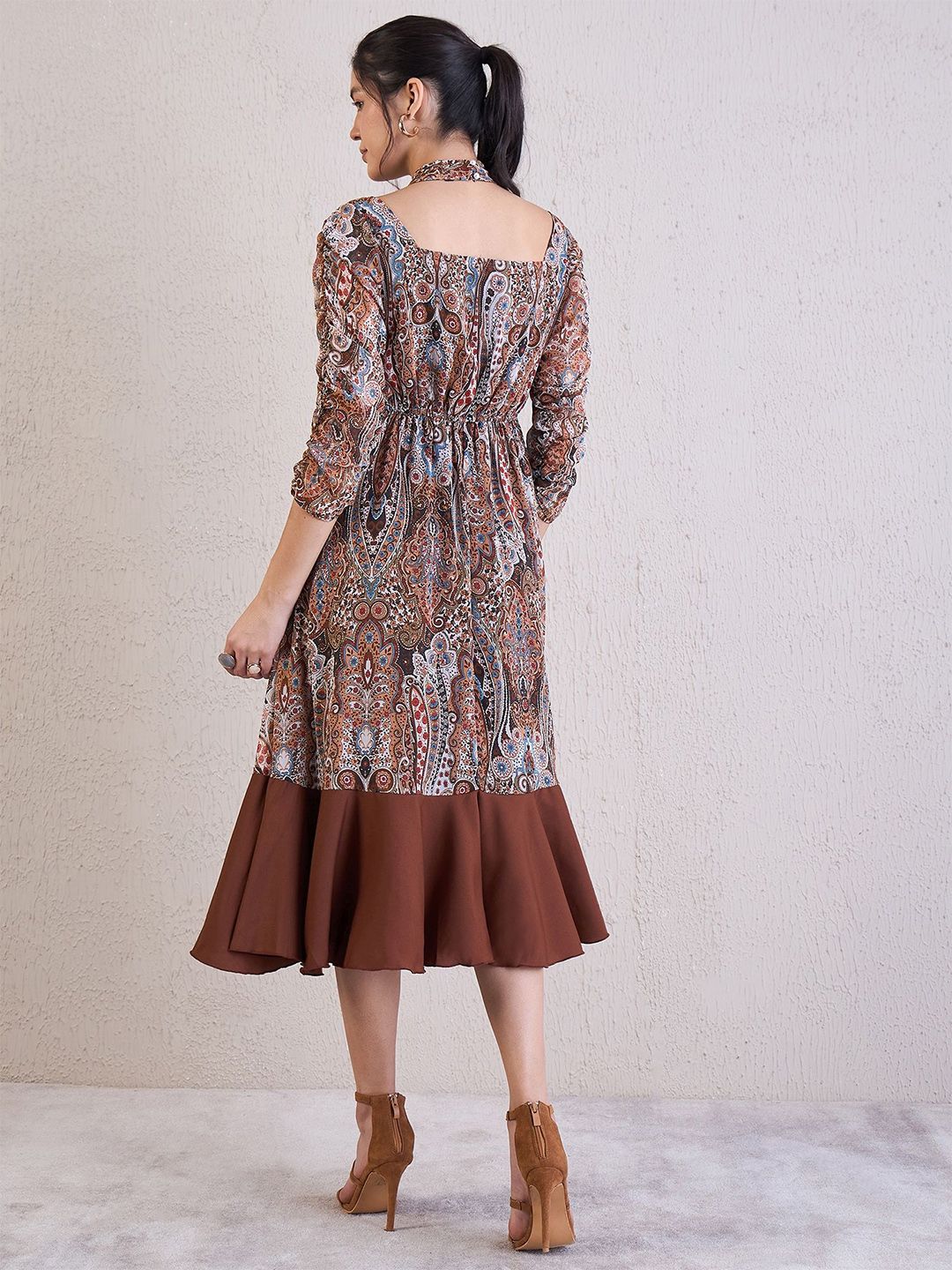 Antheaa Ethnic Motifs Printed Chiffon Fit & Flare Midi Dress