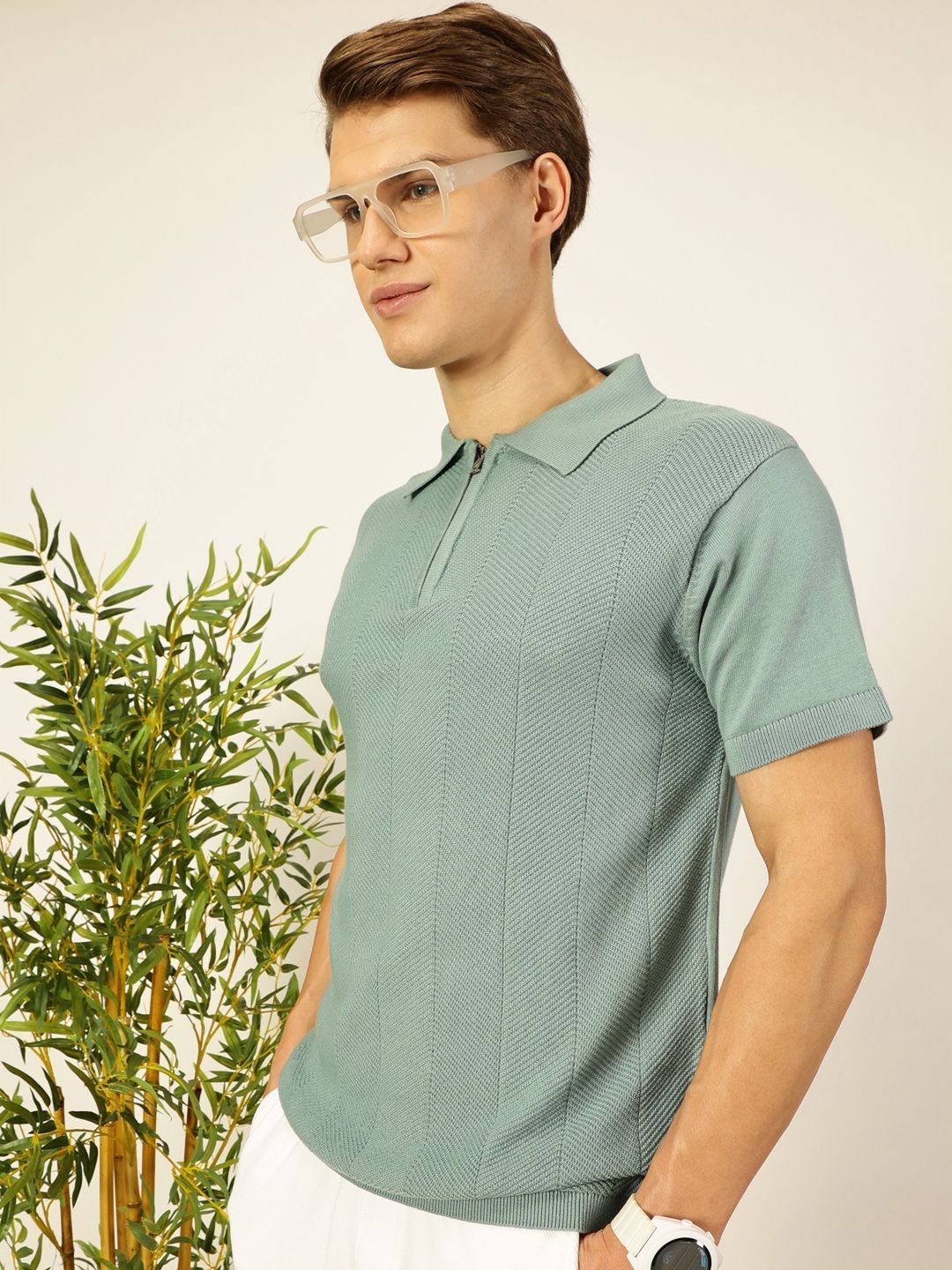 Thomas Scott Men Bio Finish Self Design Polo Collar Cotton T-shirt