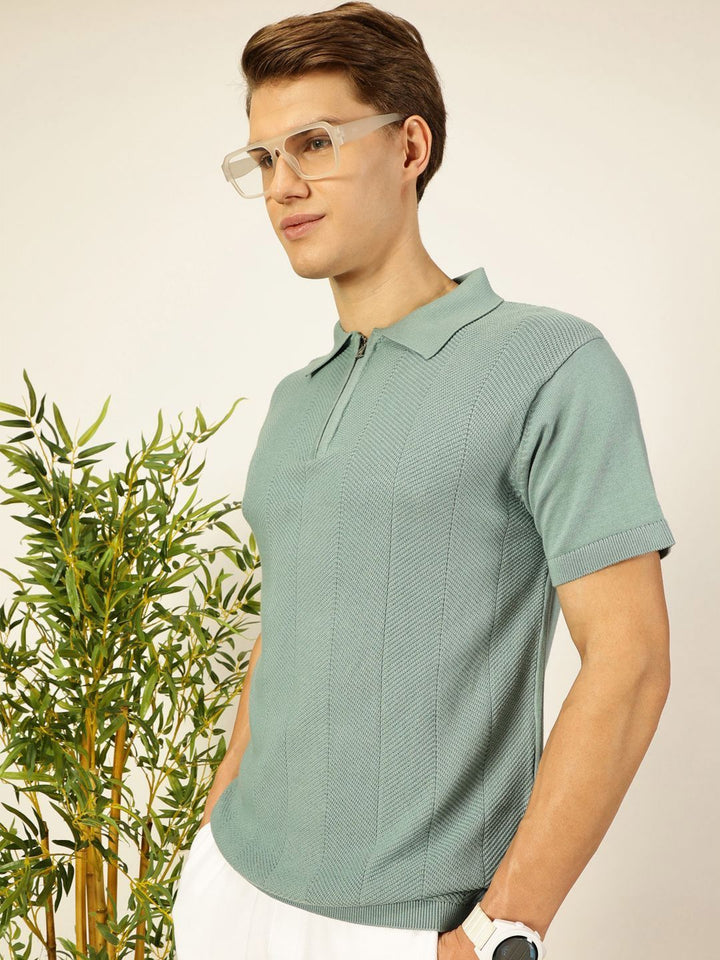 Thomas Scott Men Bio Finish Self Design Polo Collar Cotton T-shirt