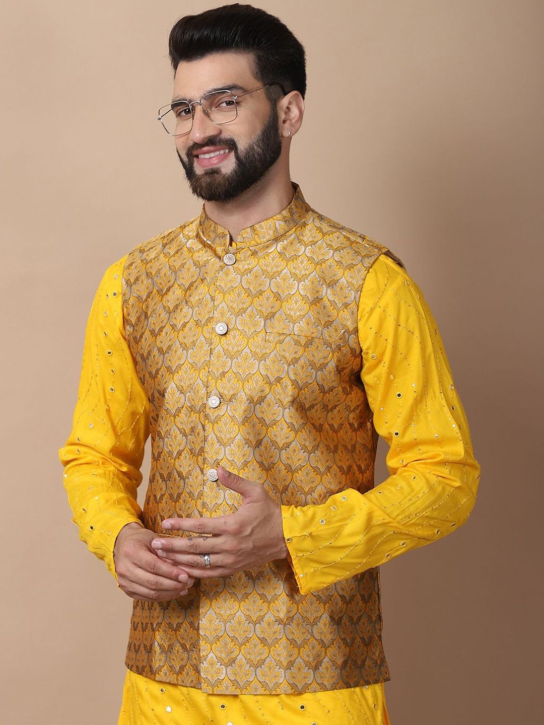 Anouk White Leheriya Embroidered Sequinned Pure Cotton Kurta with Churidar & Nehru Jacket