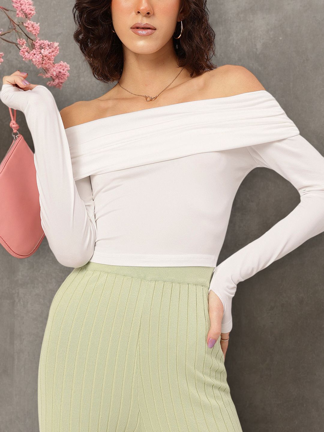 DressBerry Fearless & Fashionable Off Shoulder Fitted Full Sleeves Top