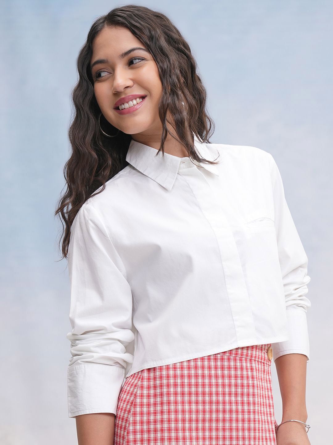 Tokyo Talkies Women Off Mock Pocket Crop Shirt