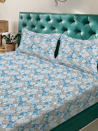 Myntra Elegant Homes Blue & Green Floral 300 TC King Bedsheet with 2 Pillow Covers