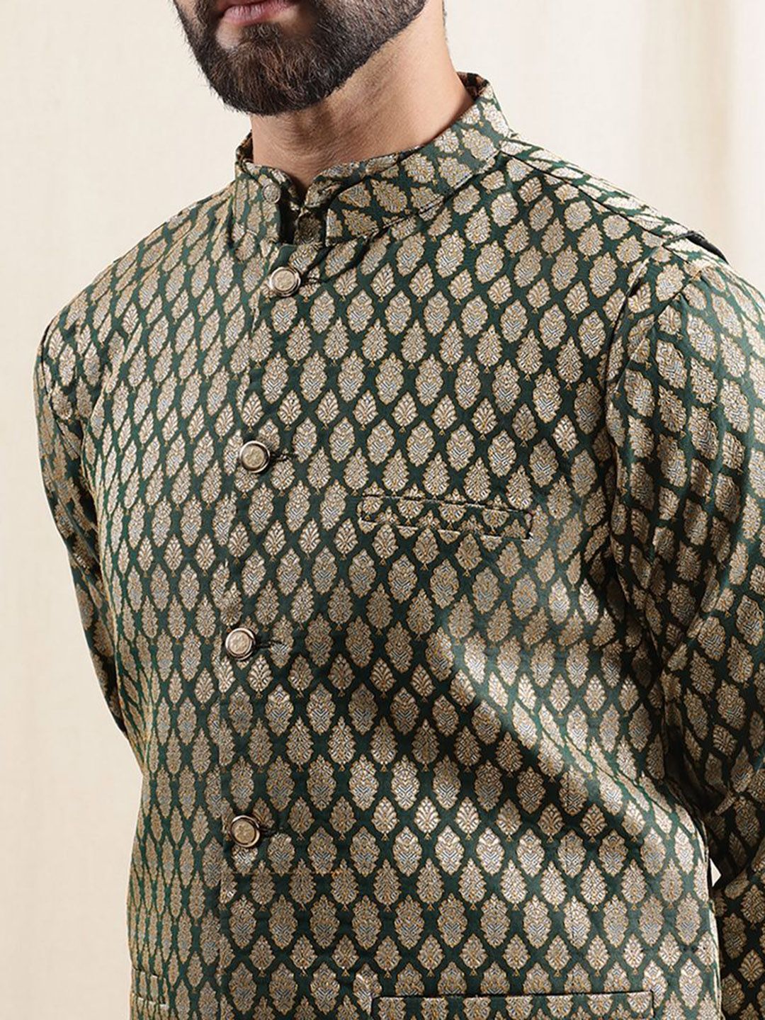 Anouk Floral Woven Design Mandarin Collar Straight Kurta With Pyjamas & Nehru Jacket