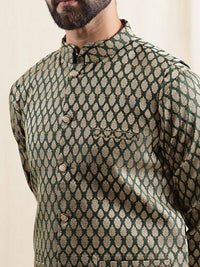 Anouk Floral Woven Design Mandarin Collar Straight Kurta With Pyjamas & Nehru Jacket