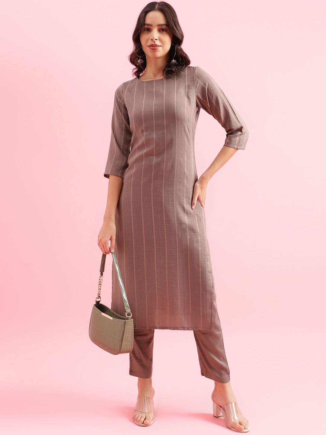KALINI Striped Woven Design Kurta with Trousers