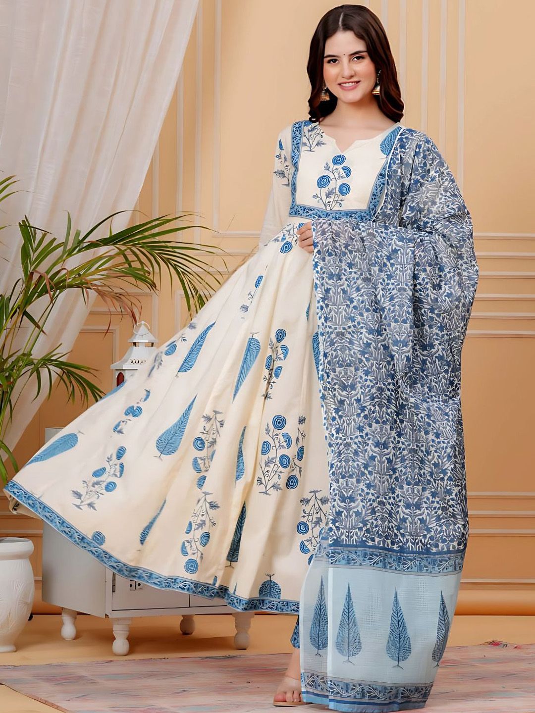 KALINI Floral Printed Panelled Anarkali Pure Cotton Kurta With Trousers & Dupatta