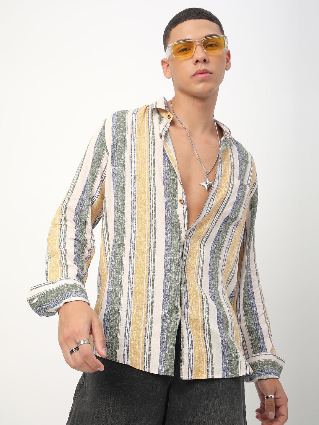 VASTRADO Men Classic Slim Fit Spread Collar Vertical Striped Cotton Casual Shirt