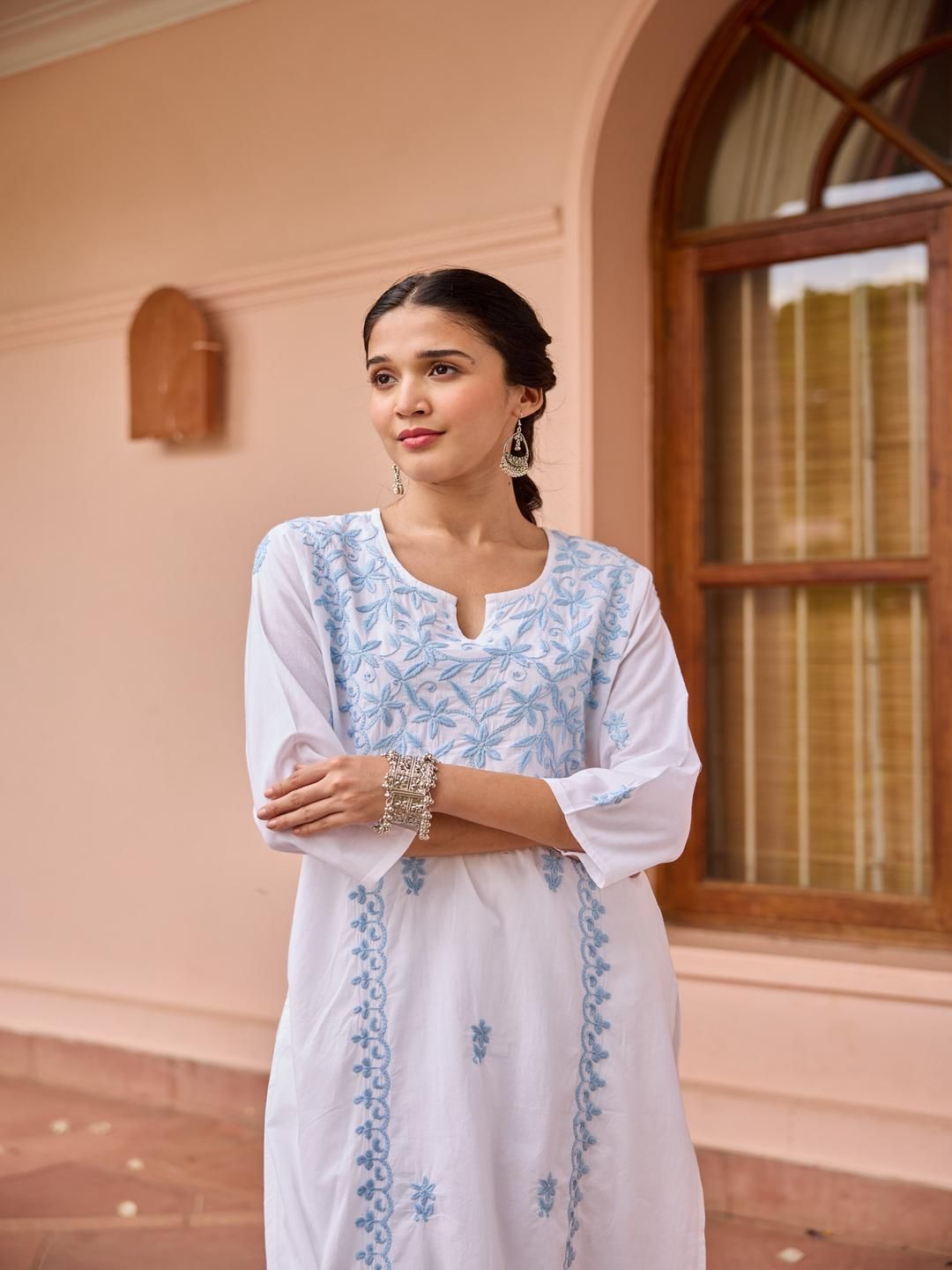 Rumah Wanita Chikankari Kapas Putih Chikankari Sulam Kurta
