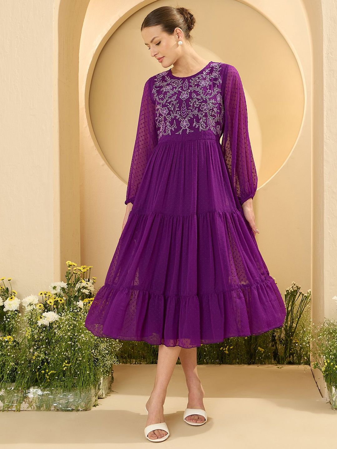 Antheaa Women Puff Sleeve Embroidered Fit and Flare Midi Dress