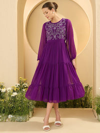 Antheaa Women Puff Sleeve Embroidered Fit and Flare Midi Dress