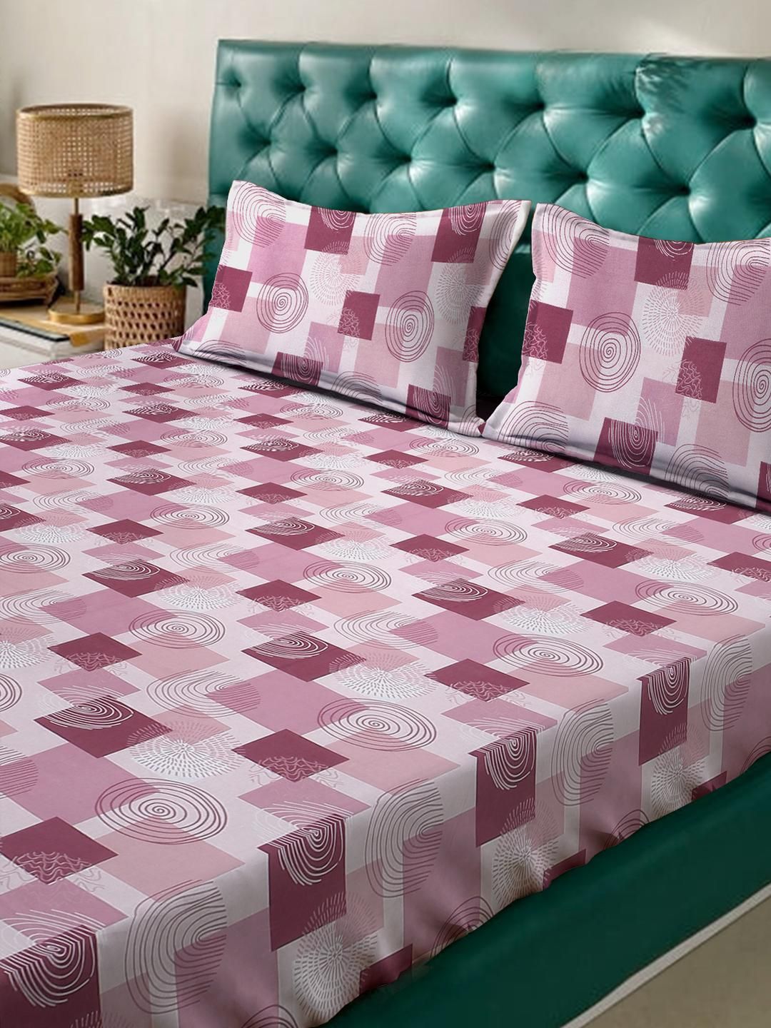 KLOTTHE Pink Geometric Printed Dilengkapi 400 TC Kapas Cadar King & 2 Sarung Bantal