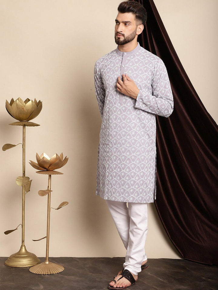 Anouk Lavender & White Floral Embroidered Thread Work Pure Cotton Kurta With Churidar