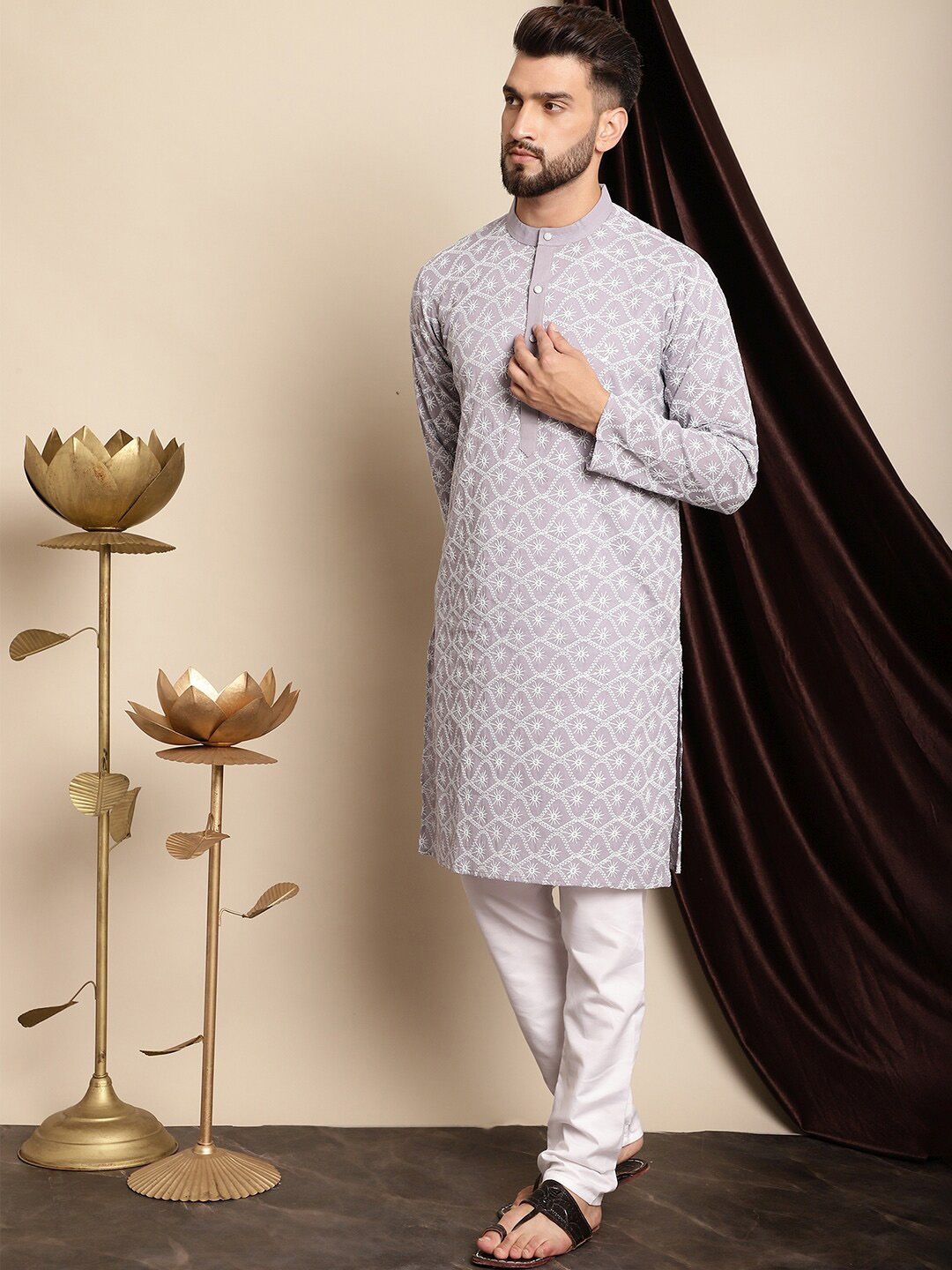 Anouk Lavender & White Floral Embroidered Thread Work Pure Cotton Kurta With Churidar