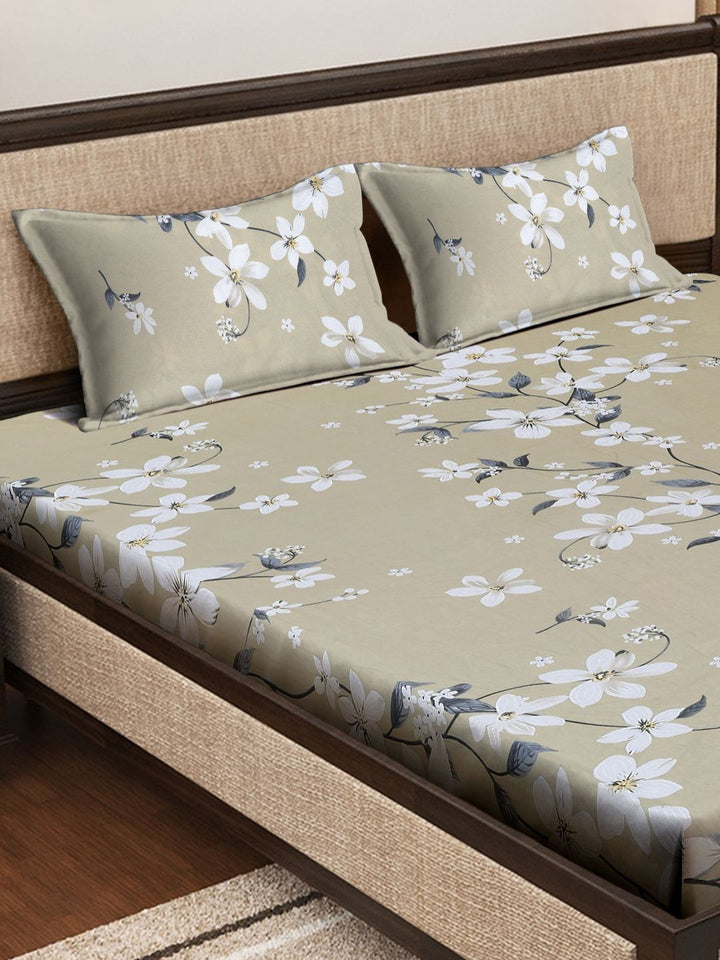 Myntra Elegant Homes Jaipur Beige Floral Cotton 400 TC King Superfine Bedsheet dengan 2 Sarung Bantal-250 x 225 cm
