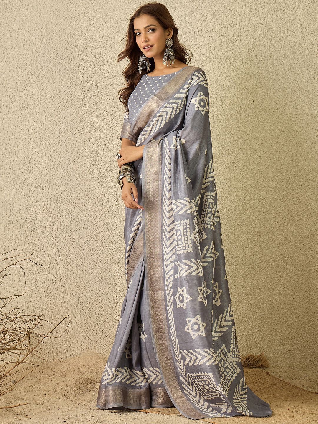 Saree mall Ethnic Motifs Zari Silk Blend Ready to Wear Block Print Sarees