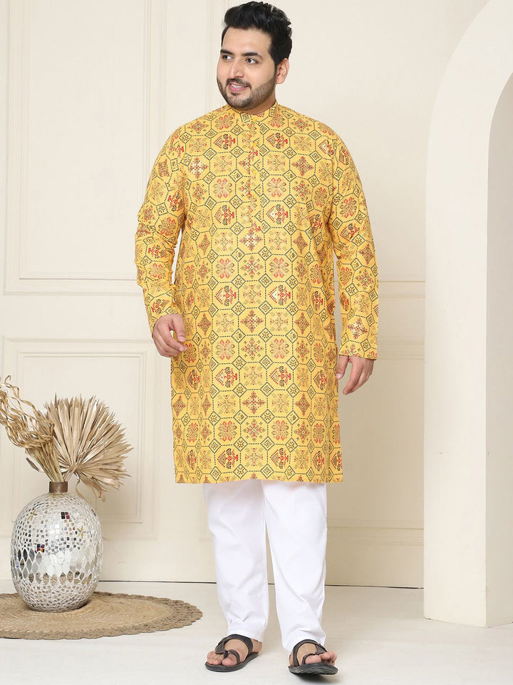 SOJANYA PLUS Ethnic Motifs Printed Band Collar Straight Cotton Linen Kurta