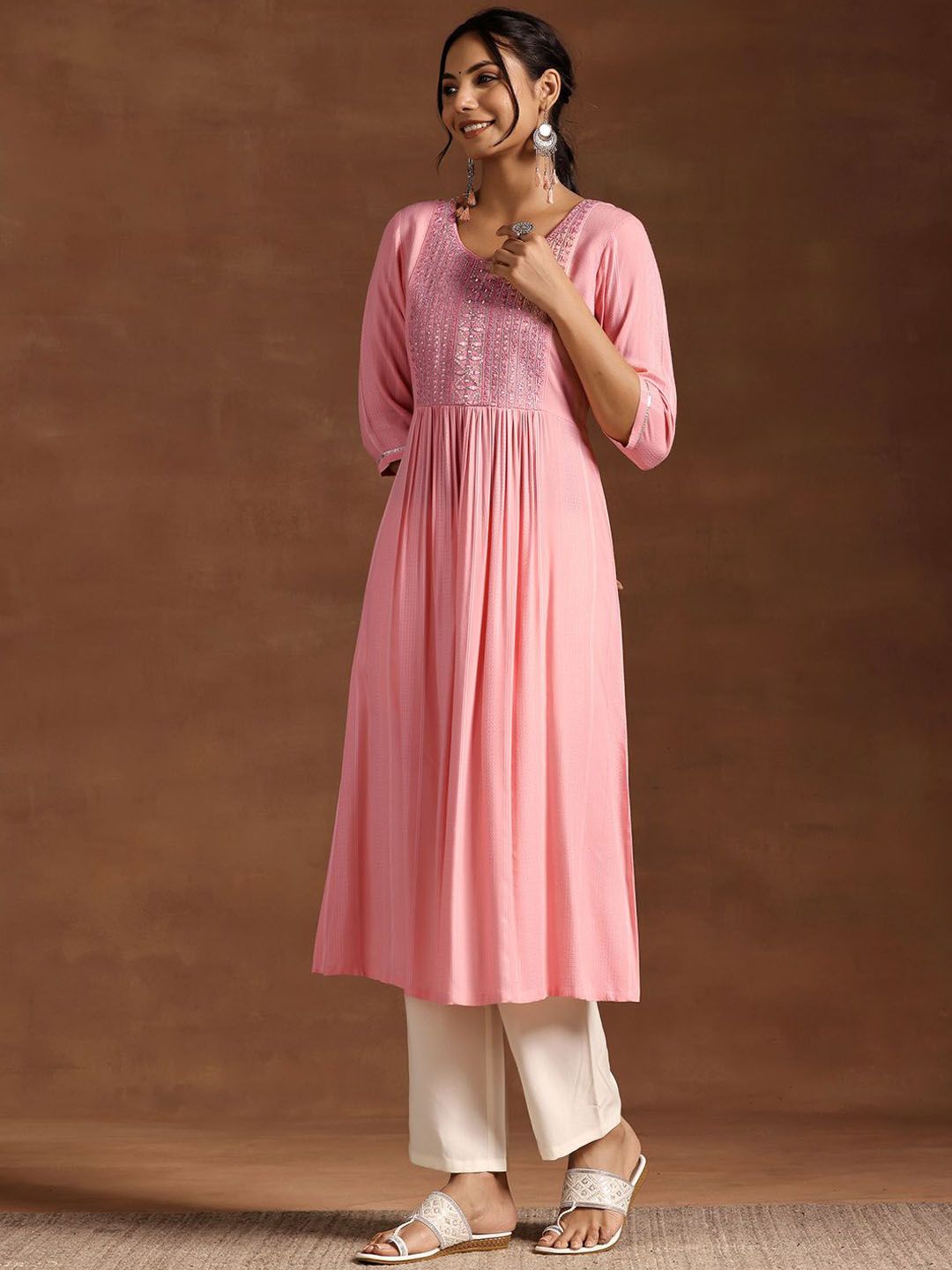 Libas Floral Yoke Design Mirror Work Pleated A-Line Kurta