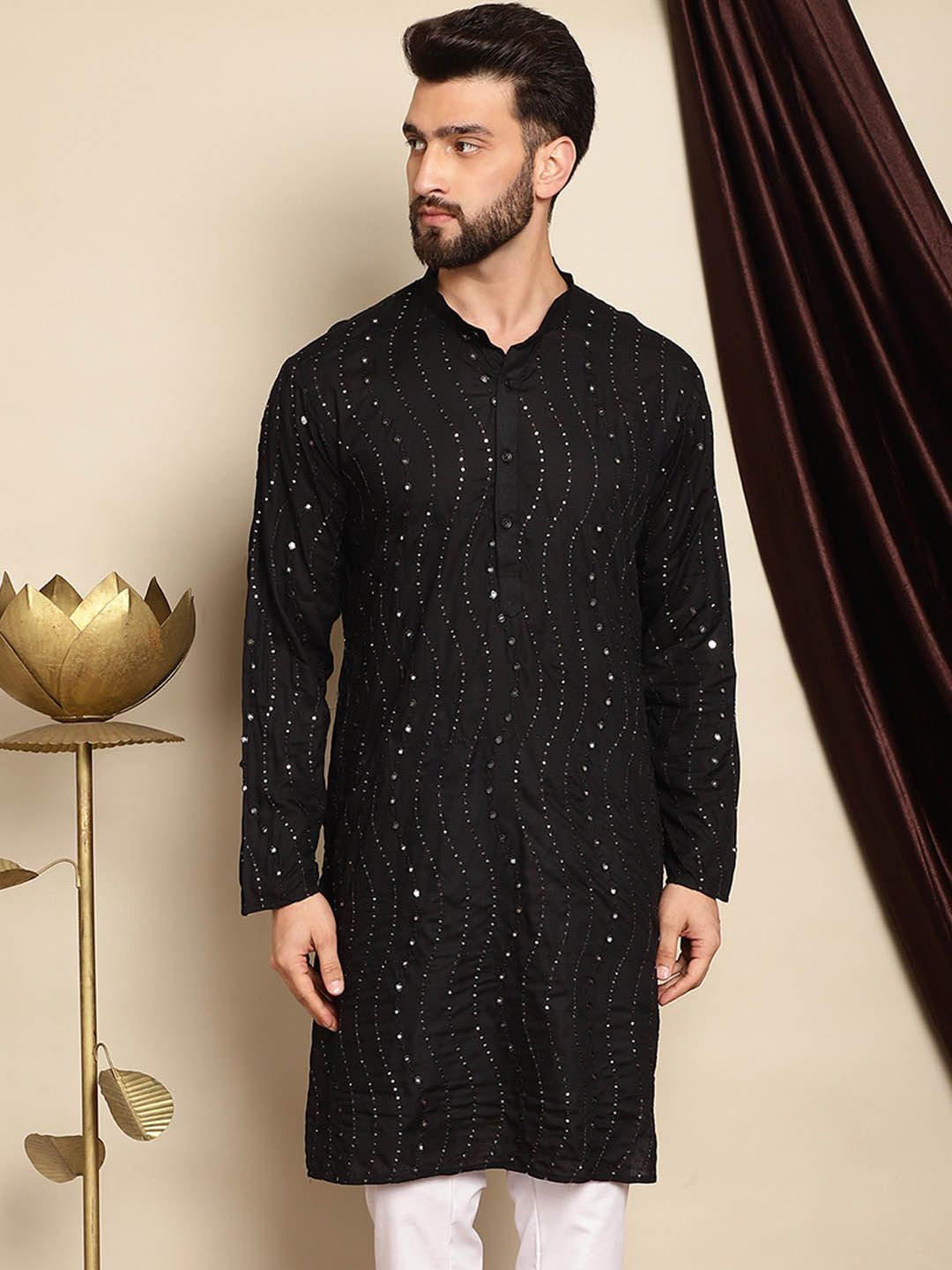 Anouk Hitam Berjalur Sulam Cermin Kerja Kurta Labuci