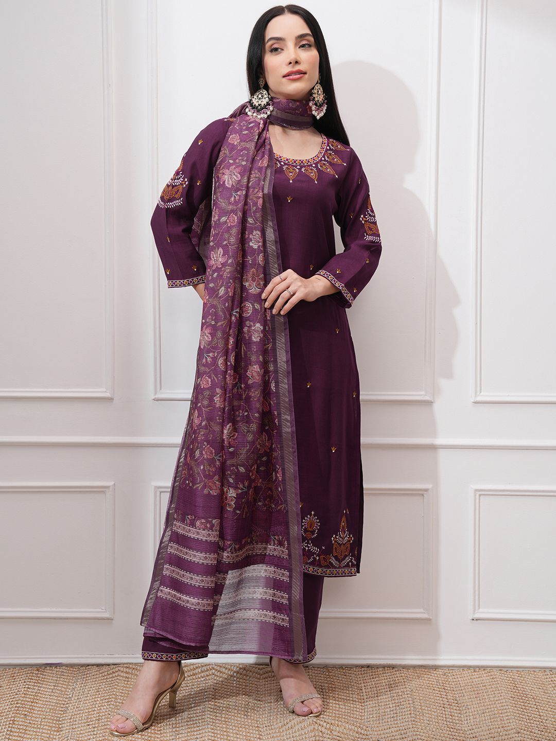 Vishudh Women Ethnic Motifs Embroidered Regular Thread Work Kurta with Trousers & With Dupatta