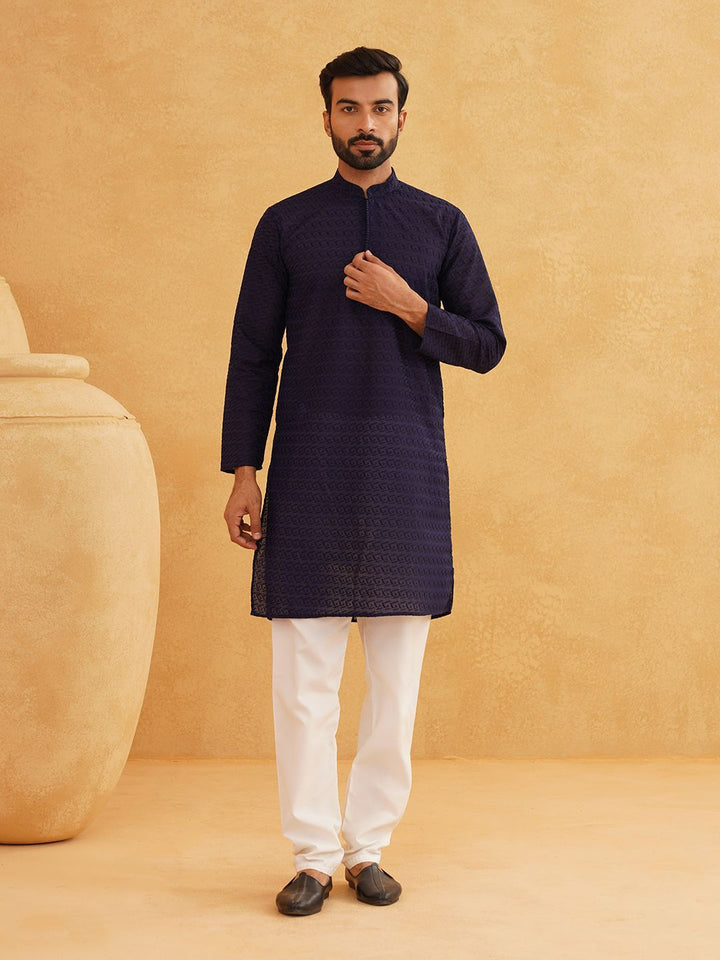SOJANYA Ethnic Motifs Chikankari Band Collar Pure Cotton Straight Long Kurta